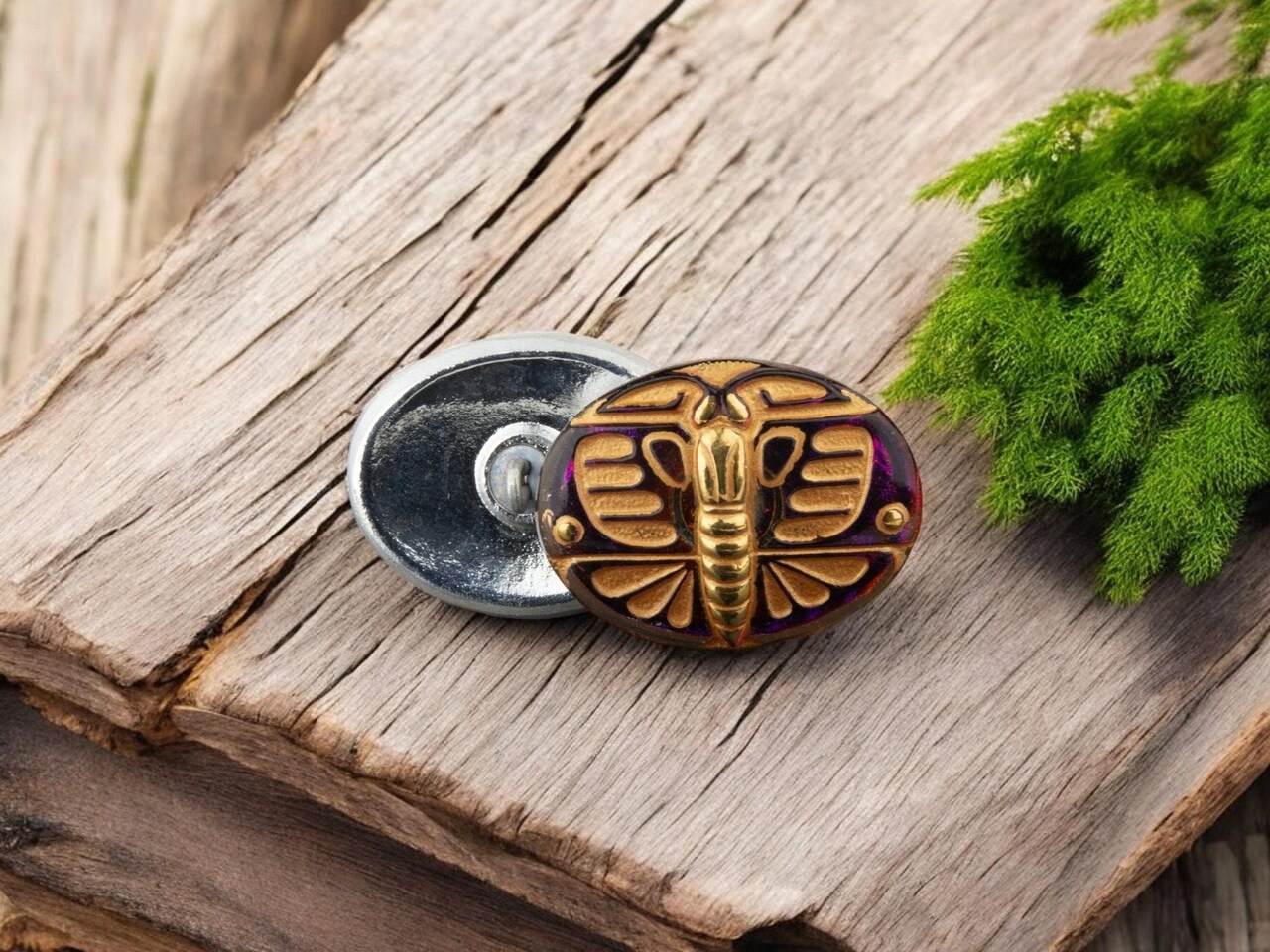 29x22mm Oval Art Deco Butterfly Purple Blue Iridescent Finish with Gold Wash and Gold Paint - Czech Glass Buttons